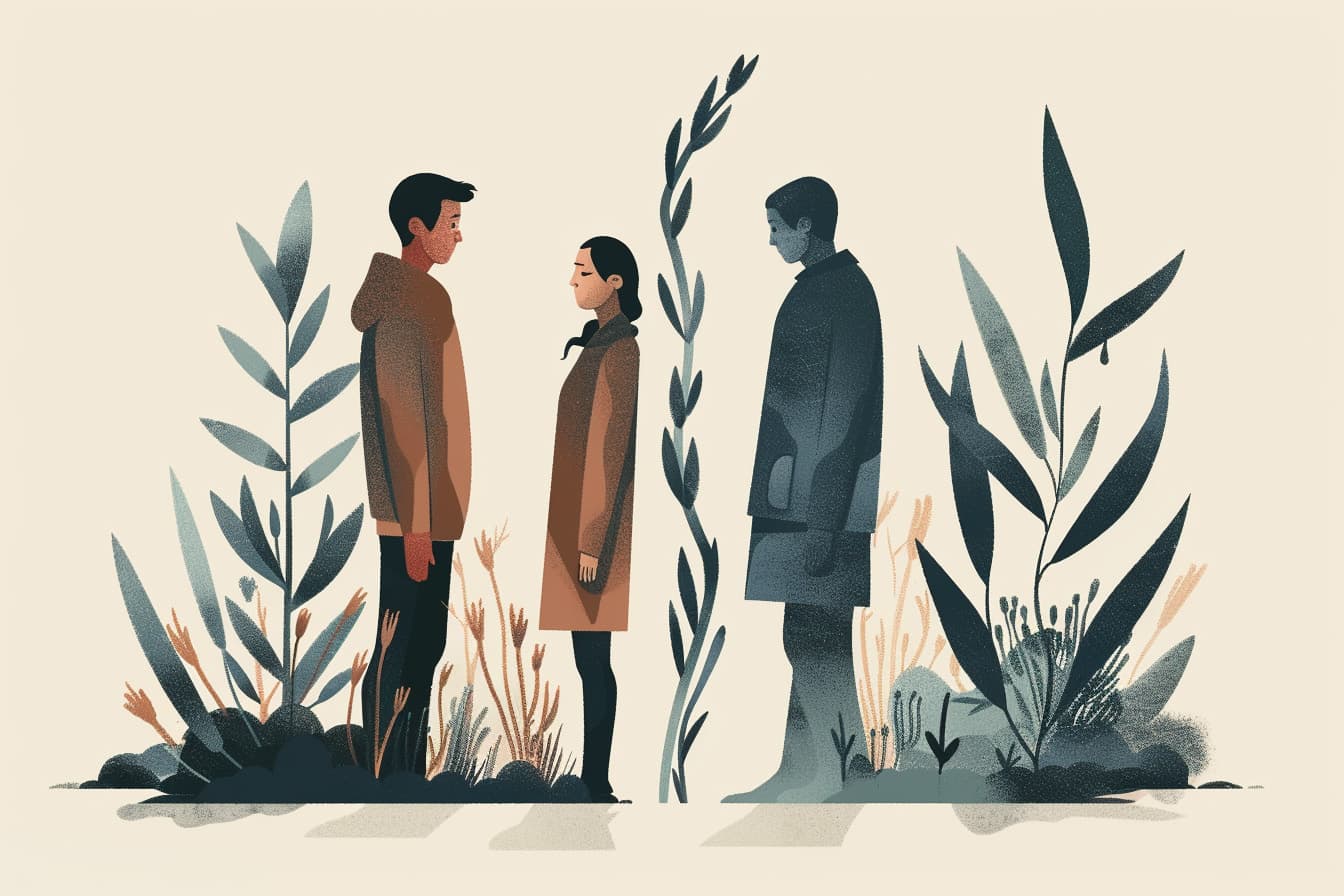 An illustration of people navigating distance, defensiveness, and difficult relationship dynamics.